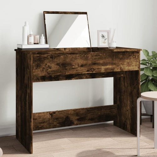 Modern Vanity Desk Smoked Oak Makeup Table Mirror Storage Wood Style