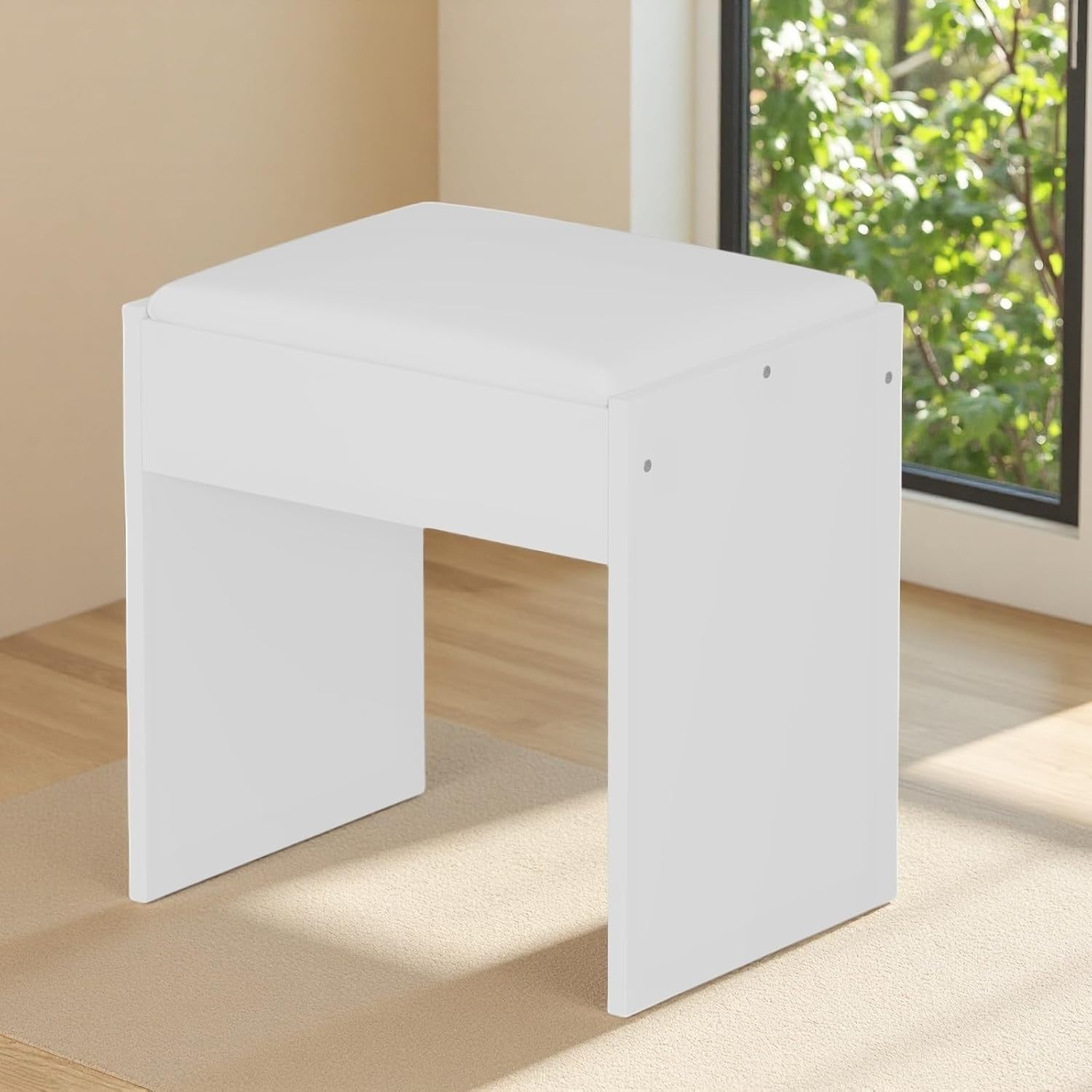White Padded Dressing Table Stool – Baroque Vanity Chair for Bedroom