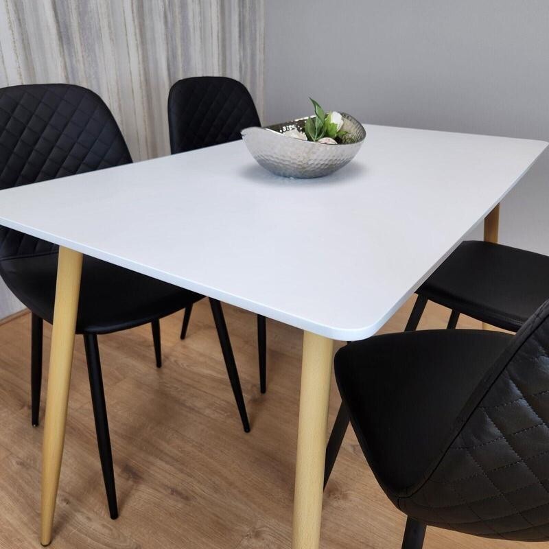 White Dining Table Set with 4 Black Faux Leather Chairs, Modern Kitchen