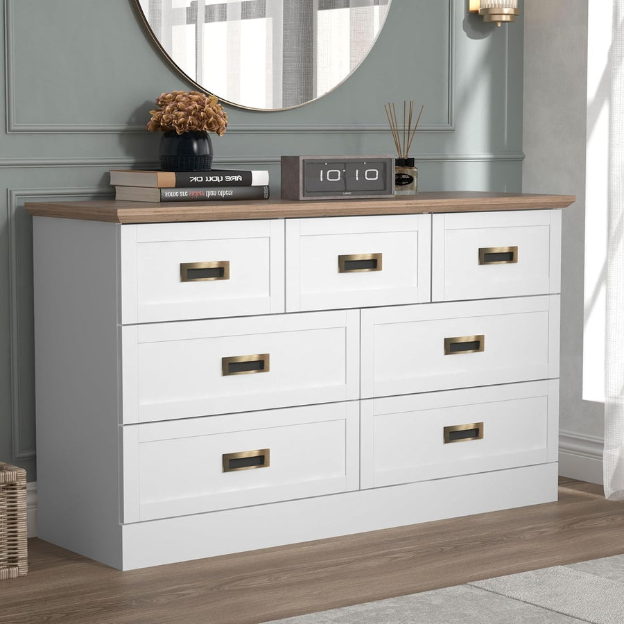 Wide Chest of Drawers 7 Drawer Unit White Oak Storage Cabinet Bedroom