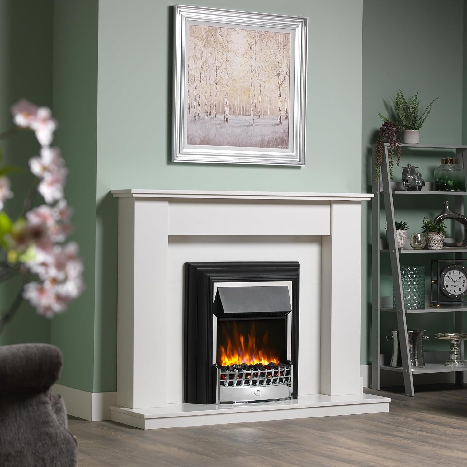 Freestanding Electric Fireplace with LED Flame, 2kW Heater & Chrome Trim