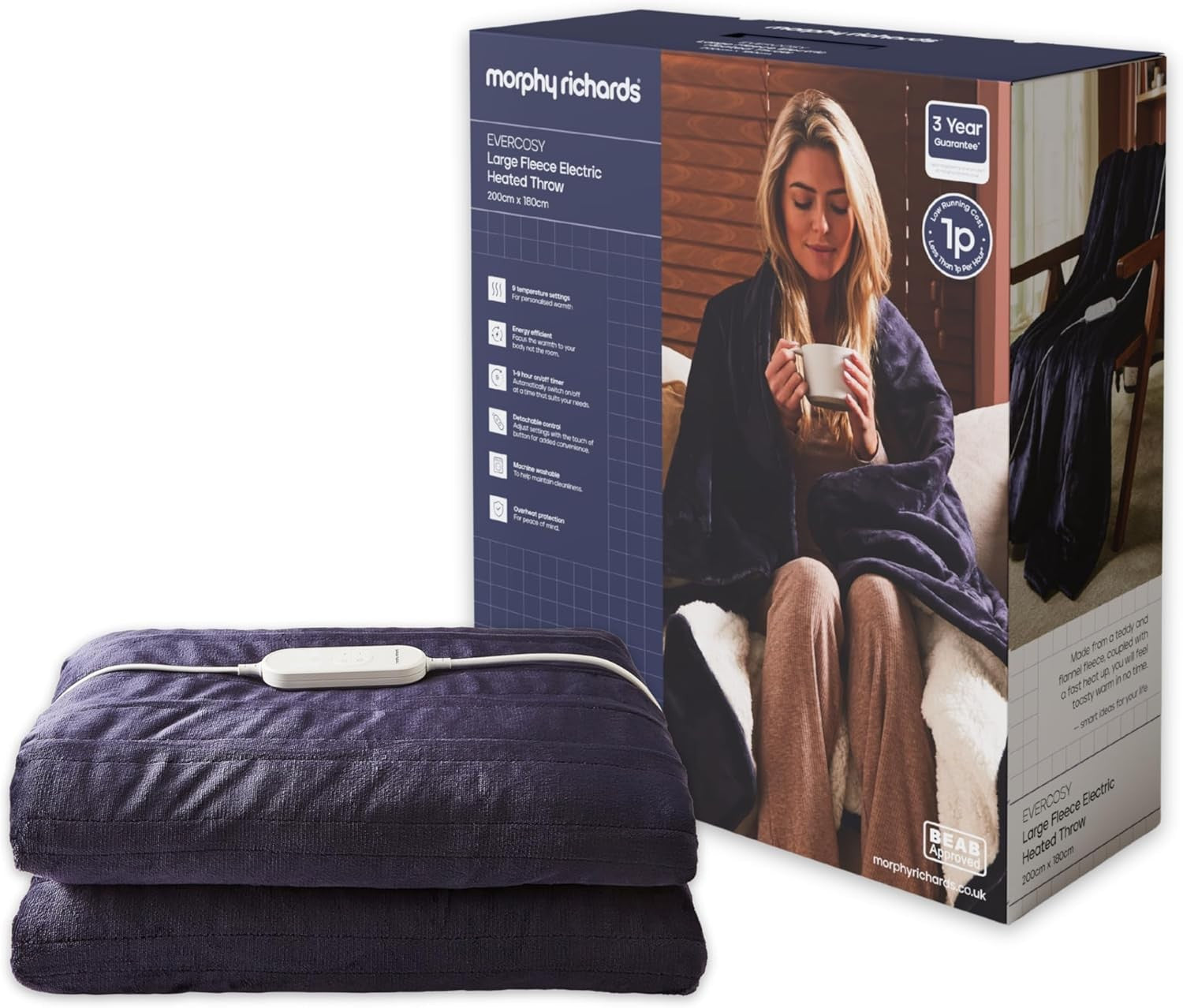Electric Heated Throw Blanket 200x180cm Teddy Fleece 9 Heat Washable Navy