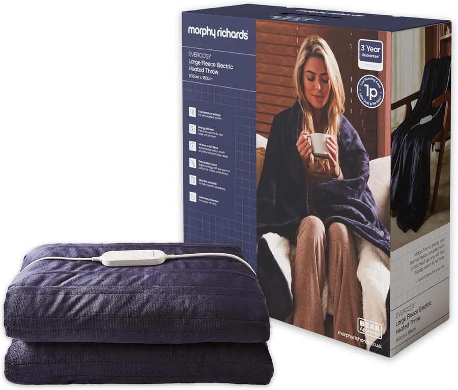 Electric Heated Throw Blanket 200x180cm Teddy Fleece 9 Heat Washable Navy