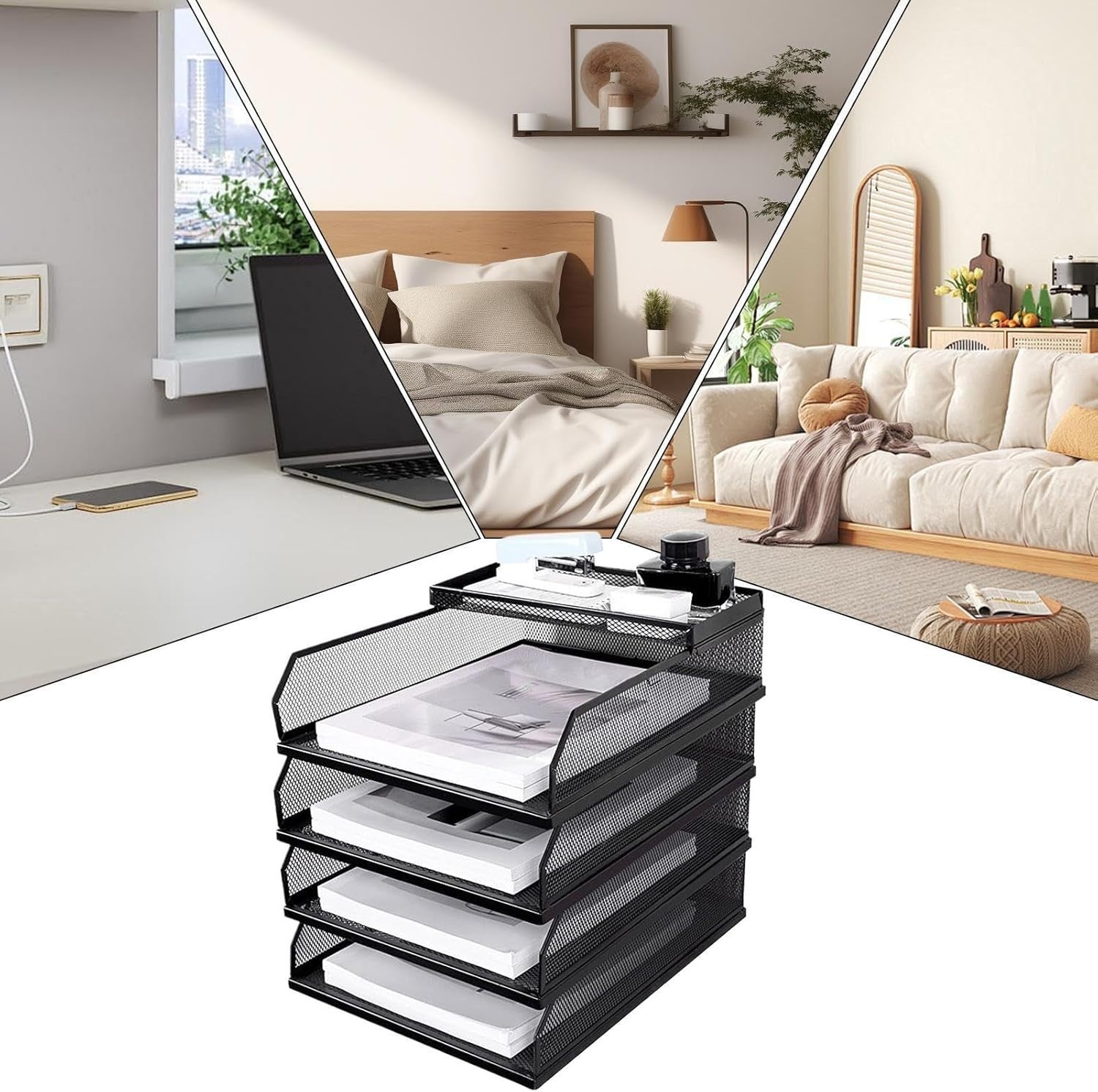 Desktop Paper Organizer Tray – Mesh Vertical Stackable File Holder for A4