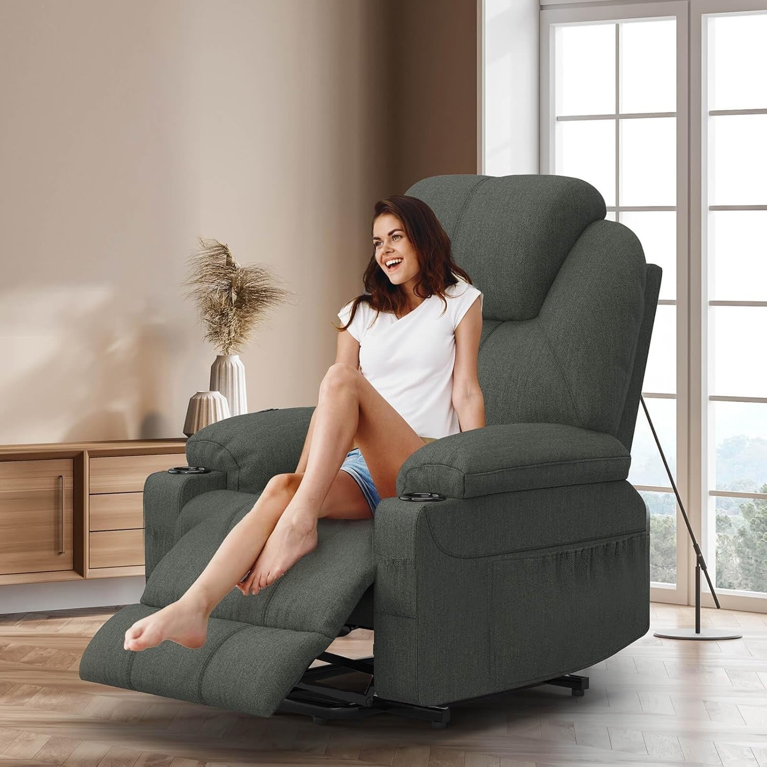 Set of 2 Lift Recliner Chairs Massage Heat USB-C Footrest Cup Holders Dark Grey