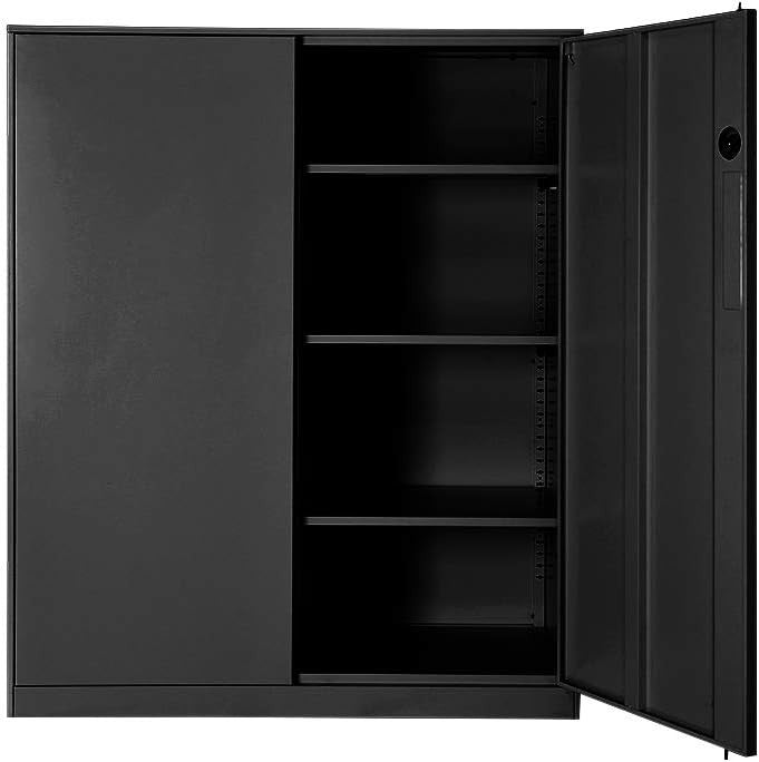 Metal Lockable Storage Cabinet Black, 2 Door Office Cupboard, 4 Shelves, 109cm