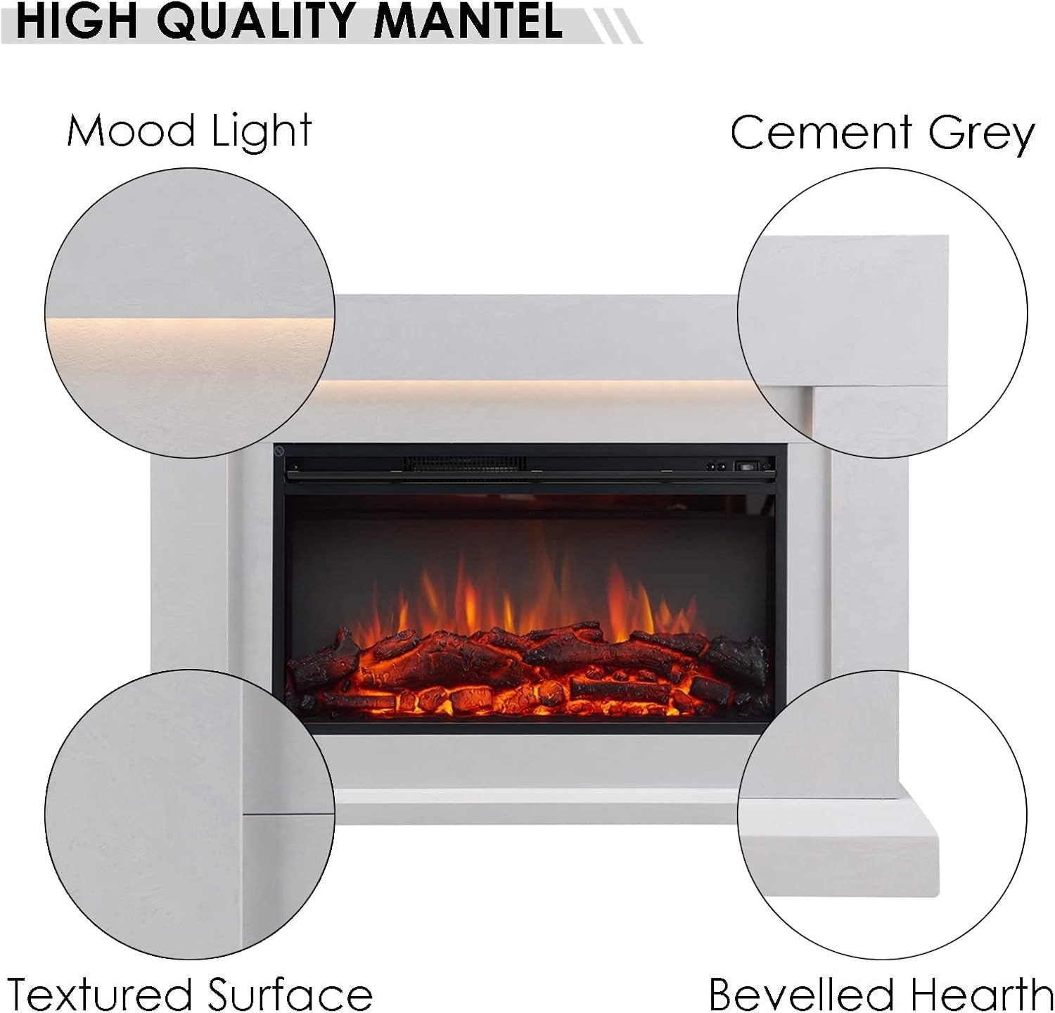 47" Electric Fireplace Heater Cement Grey Surround, Remote & LED Flames