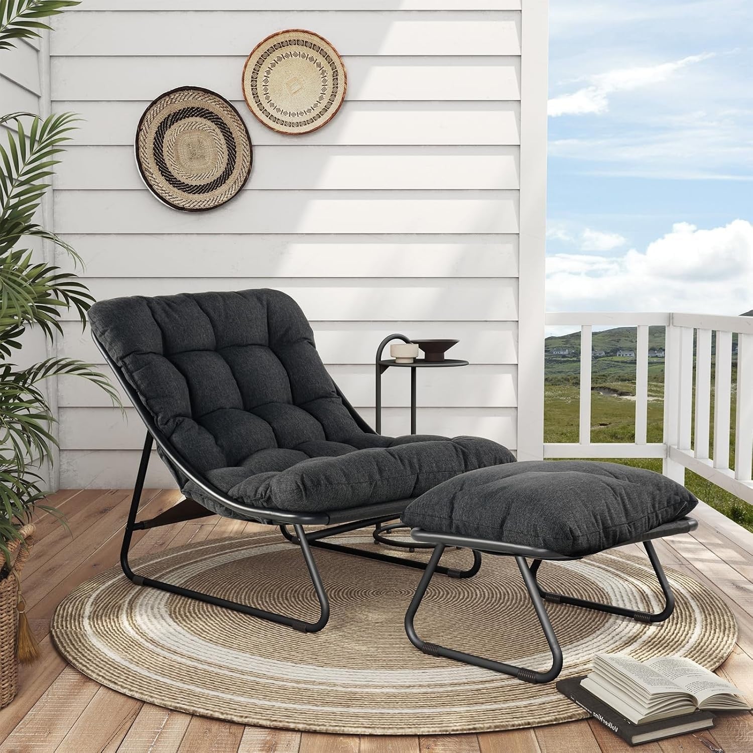 Garden Recliner Chair with Footstool & Side Table – Cushioned, Weatherproof