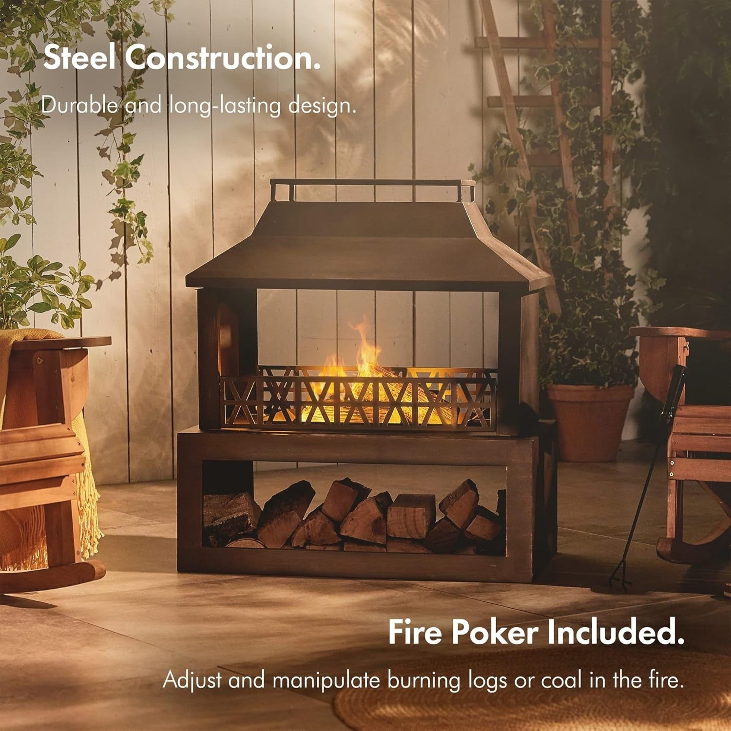Outdoor Metal Fire Pit Fireplace with Wood Storage & Poker for Garden Patio
