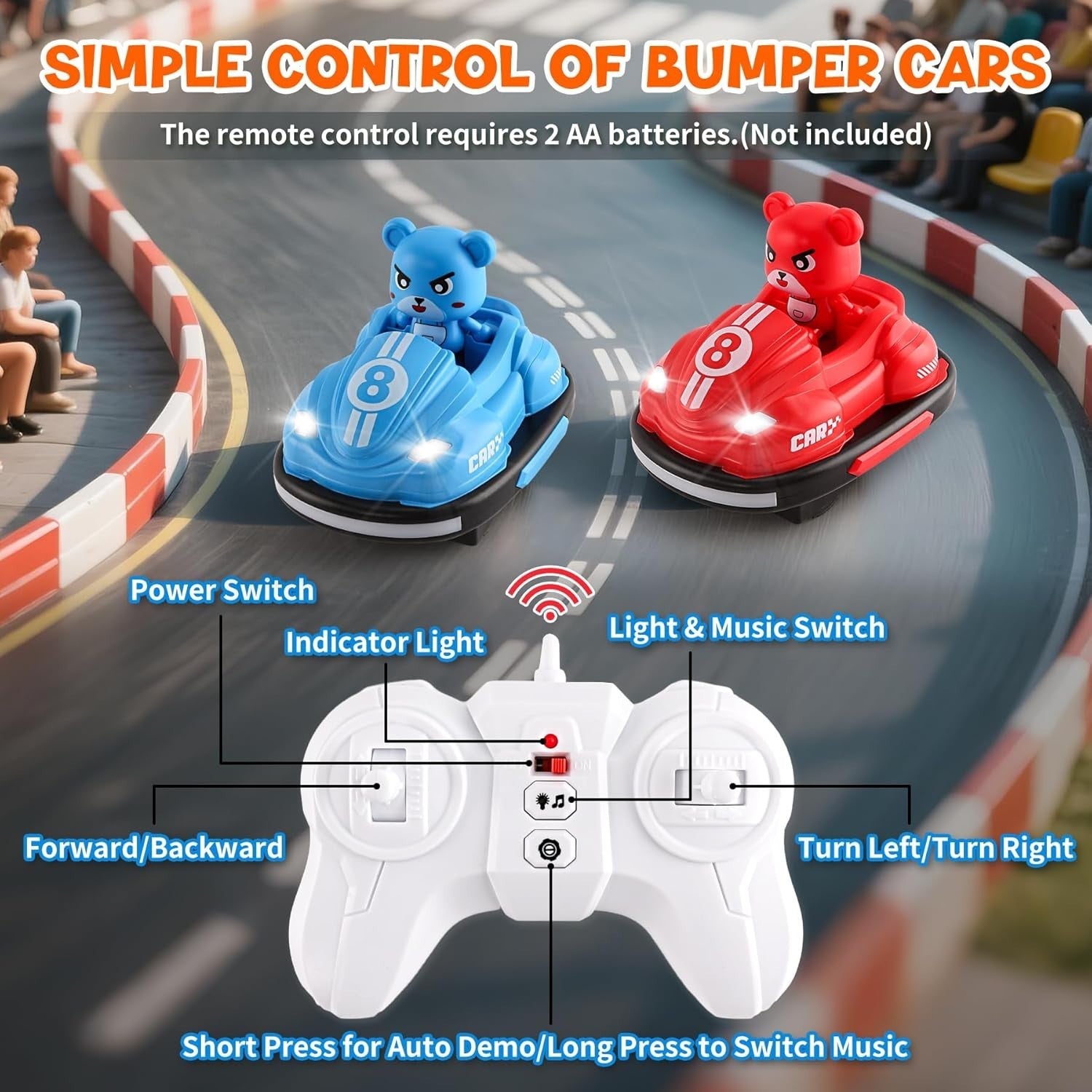 2PCS RC Bumper Car Set with Music Lights & Soccer Game for Kids 5-8