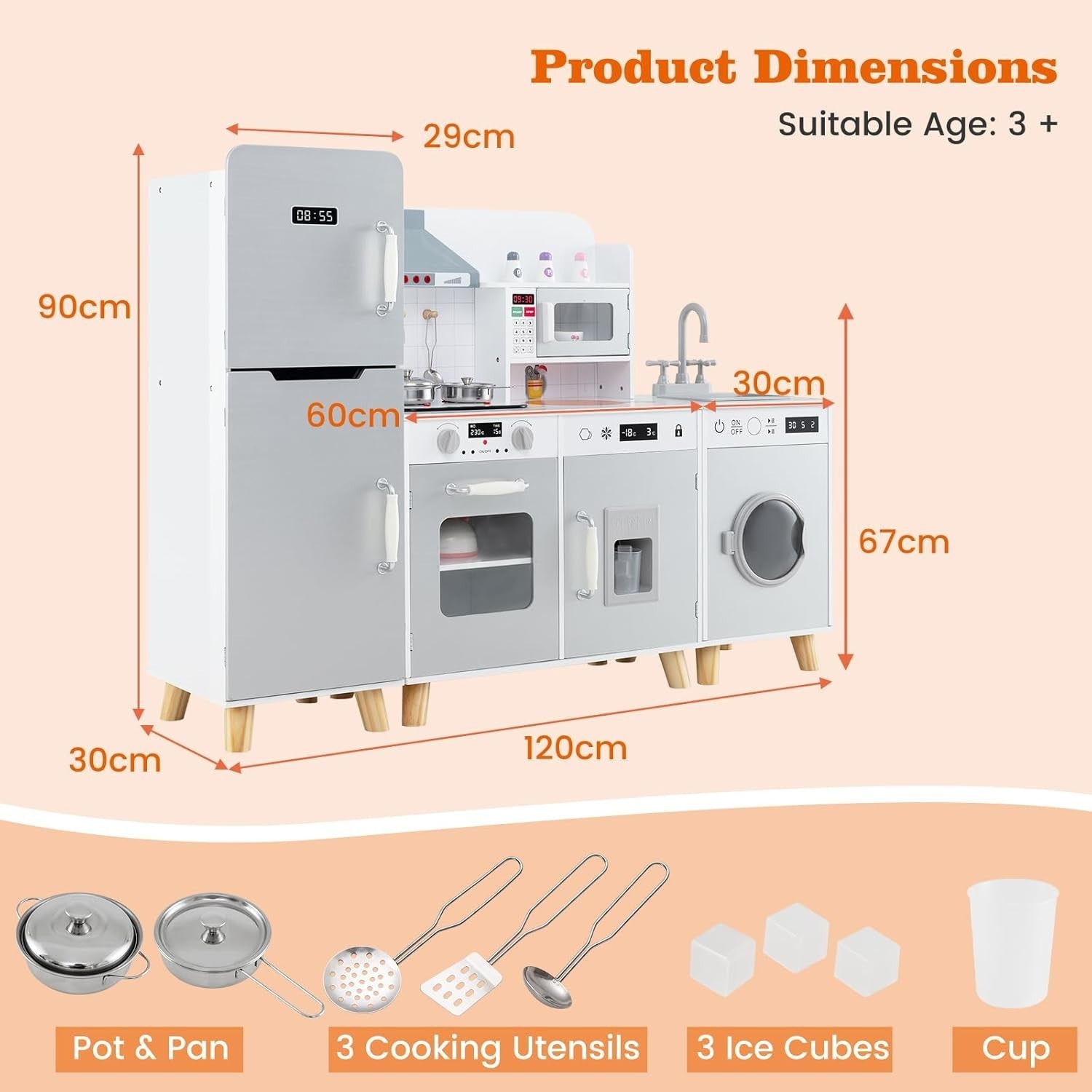 Large Wooden Kids Play Kitchen Set Light Sound Fridge Washer Microwave