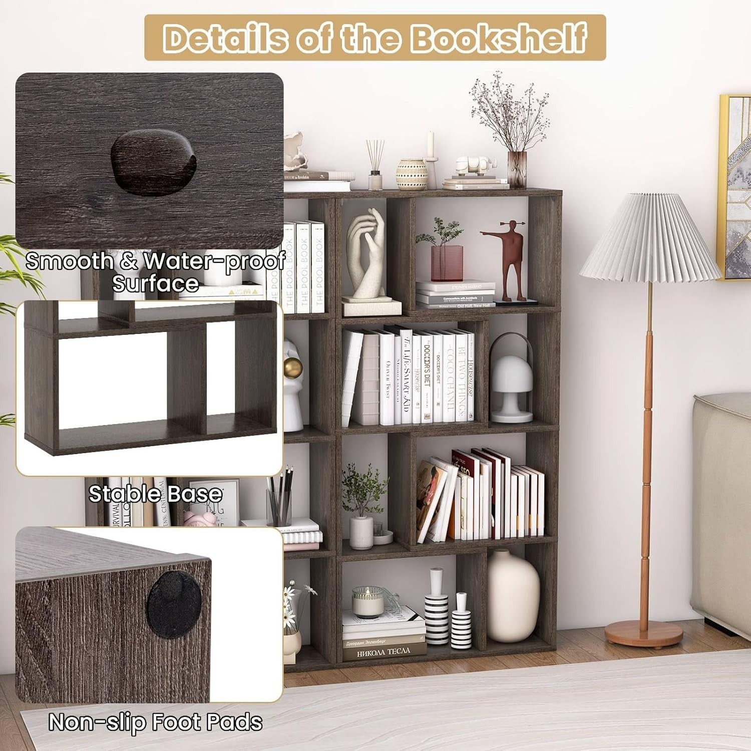 5-Tier Grey Geometric Bookcase Tall Cube Storage Shelf for Living Room Office