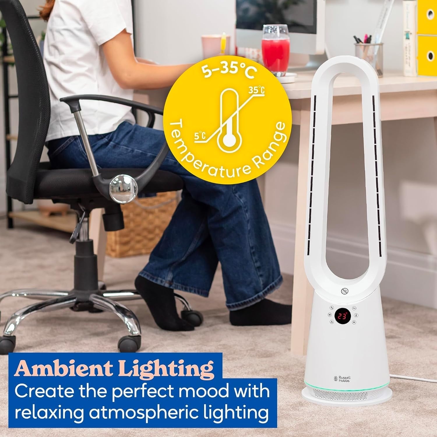 Bladeless Tower Fan & Heater – 2000W 9-Speed LED Display Remote White