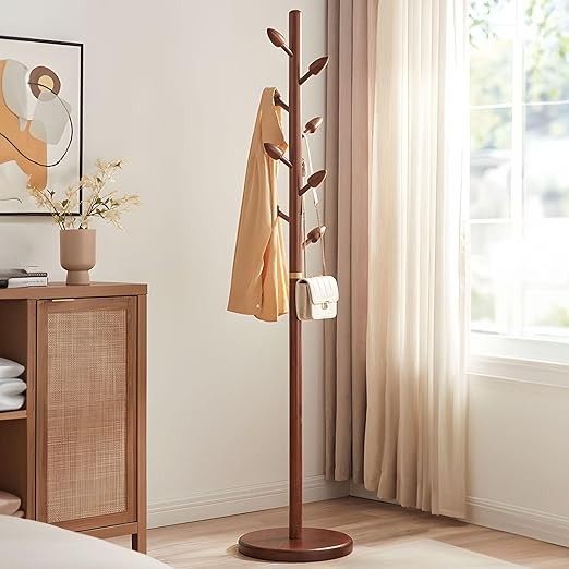 Solid Wood Coat Rack 184cm Freestanding Tree Stand with 8 Hooks Round Base