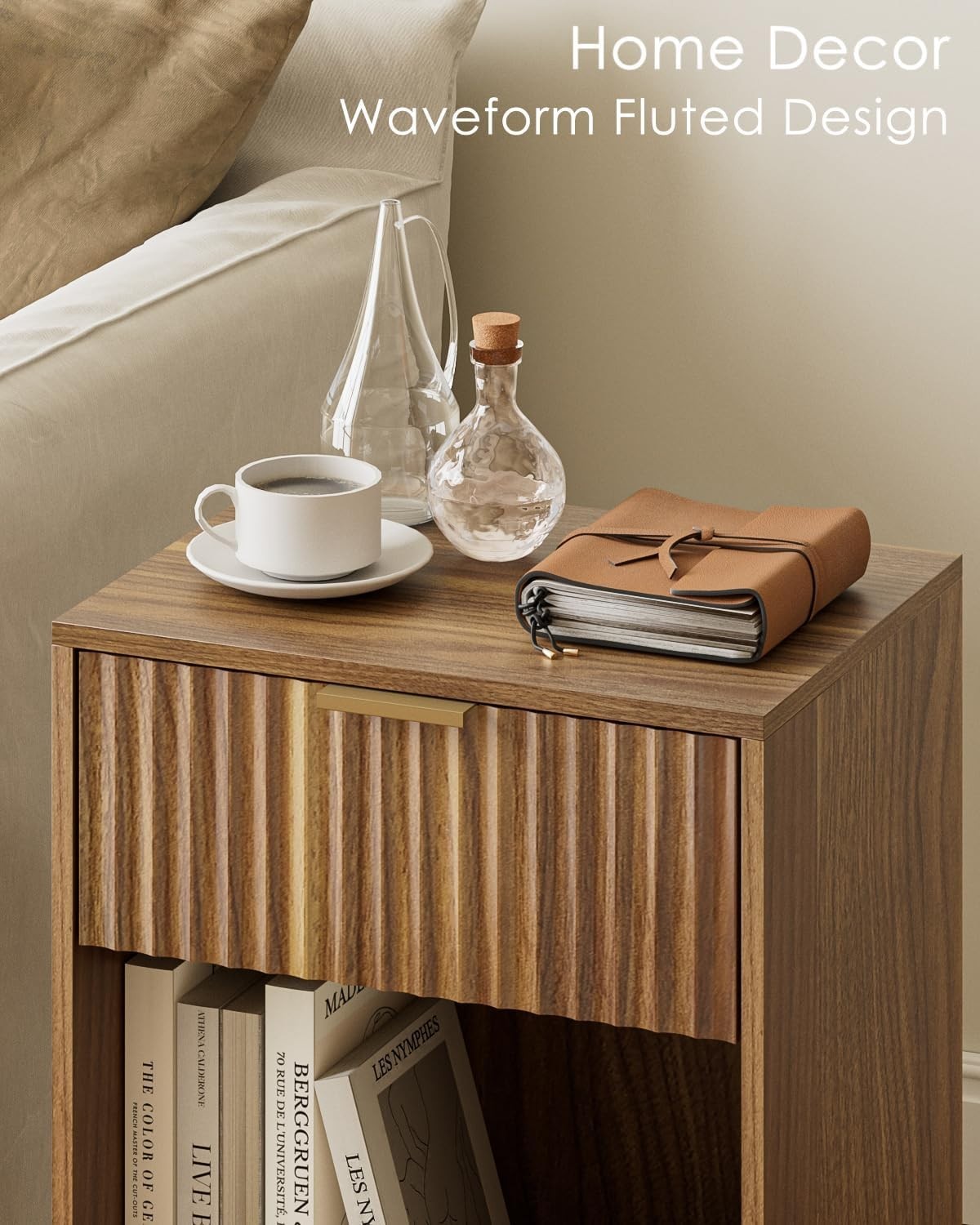 Walnut Bedside Table with Drawer & Shelf – Modern Fluted Wood