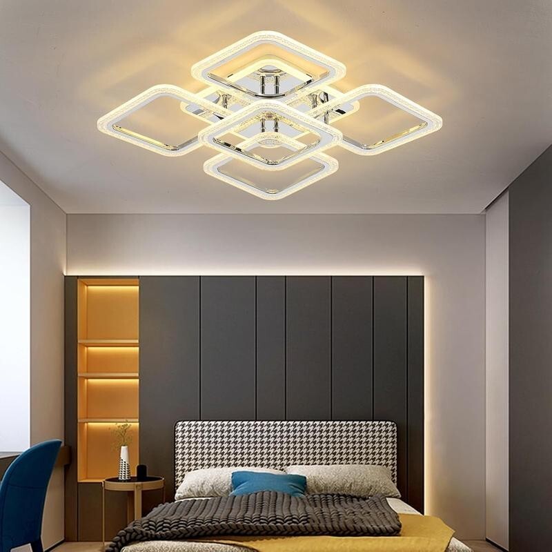 Modern LED Ceiling Light 100W Dimmable Remote Chrome Square 5 Lights