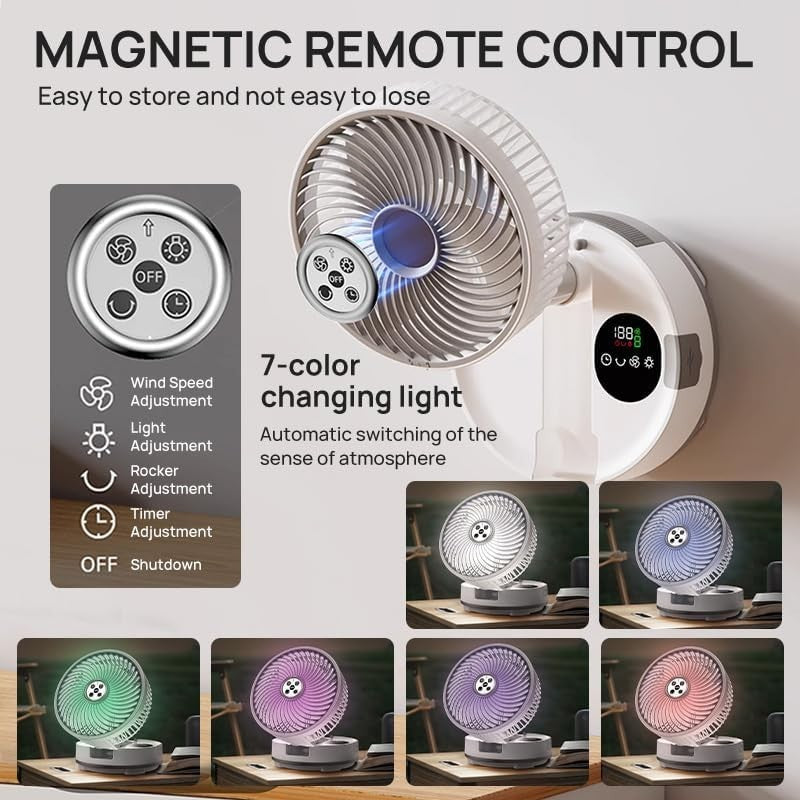 White Portable Desk Foldable Fan – 9-Speed Rechargeable w/ LED & Remote Control