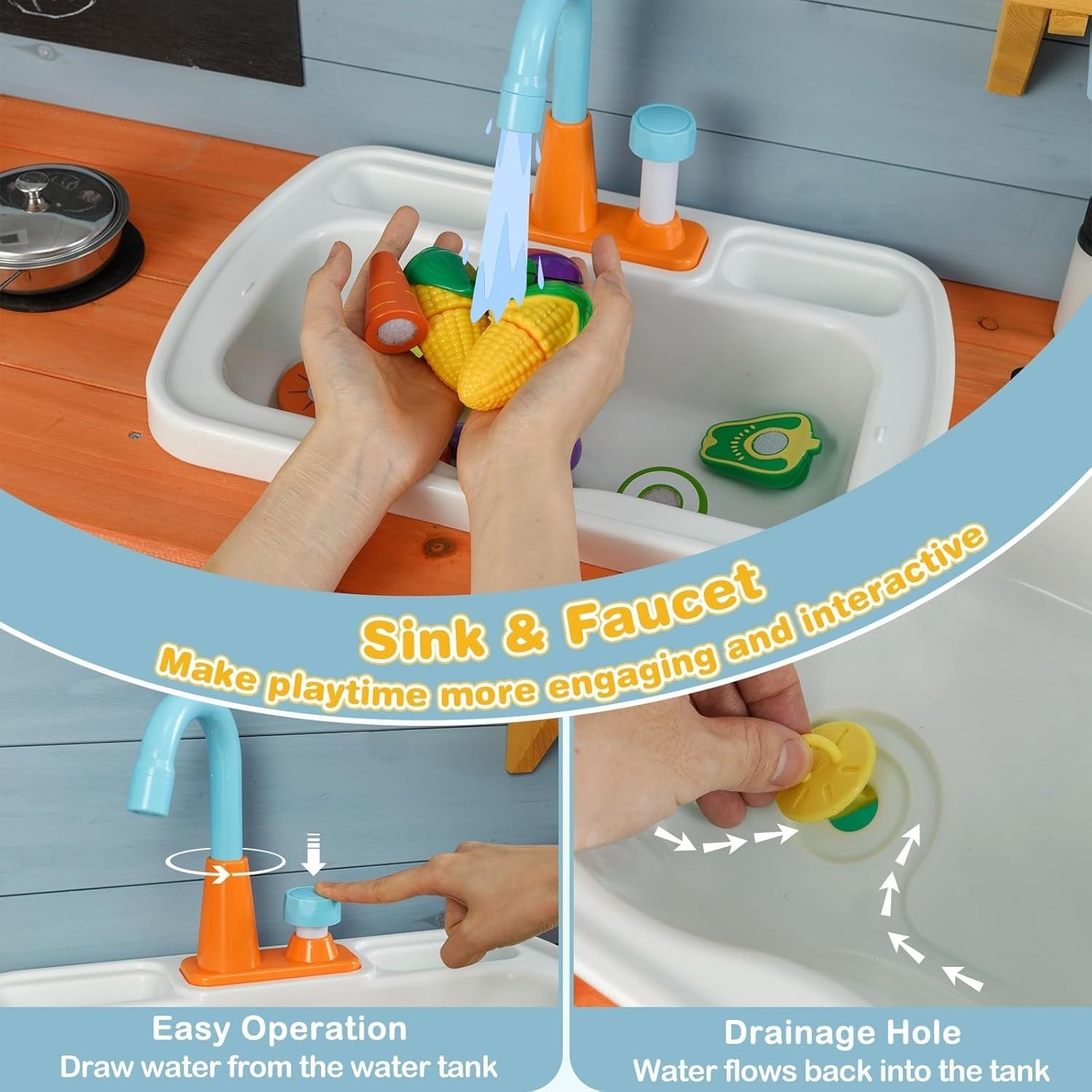 Outdoor Kids Mud Kitchen Wooden Playset Sink Stoves Chalkboard 3-8