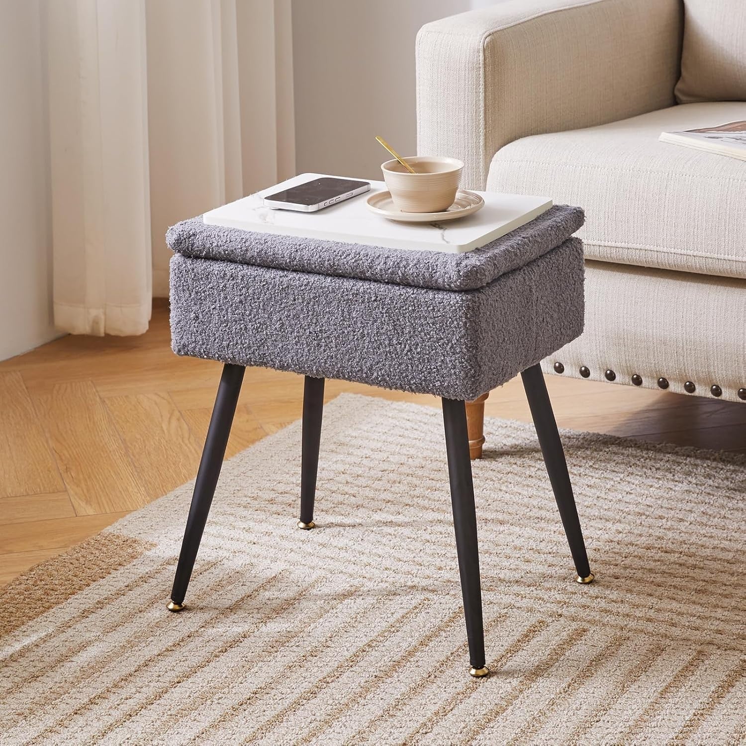 Grey Teddy Fur Vanity Stool with Storage – Soft Ottoman Chair for Bedroom
