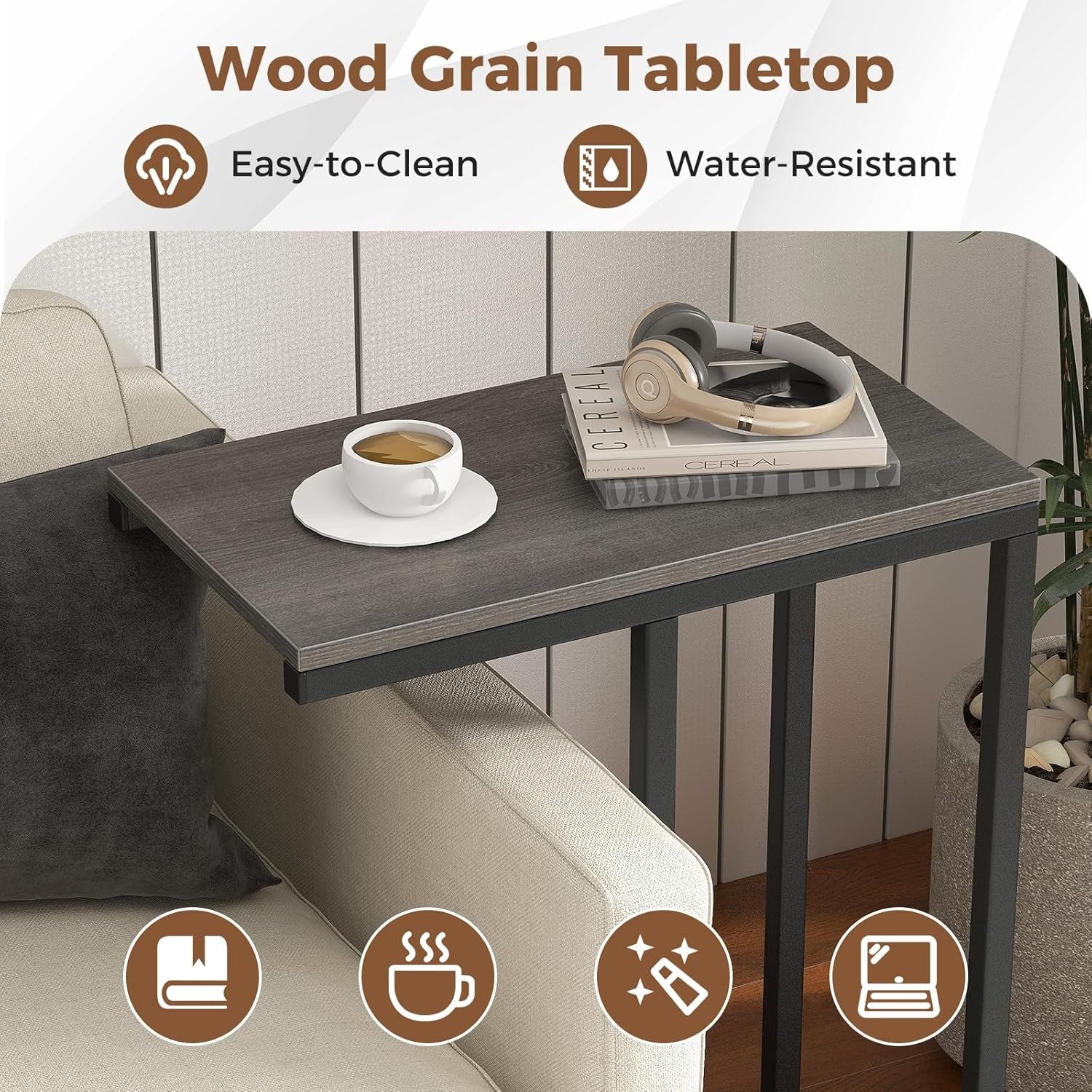 C-Shaped Side Table Grey Oak | Industrial Sofa Laptop Snack Table for Small Spac