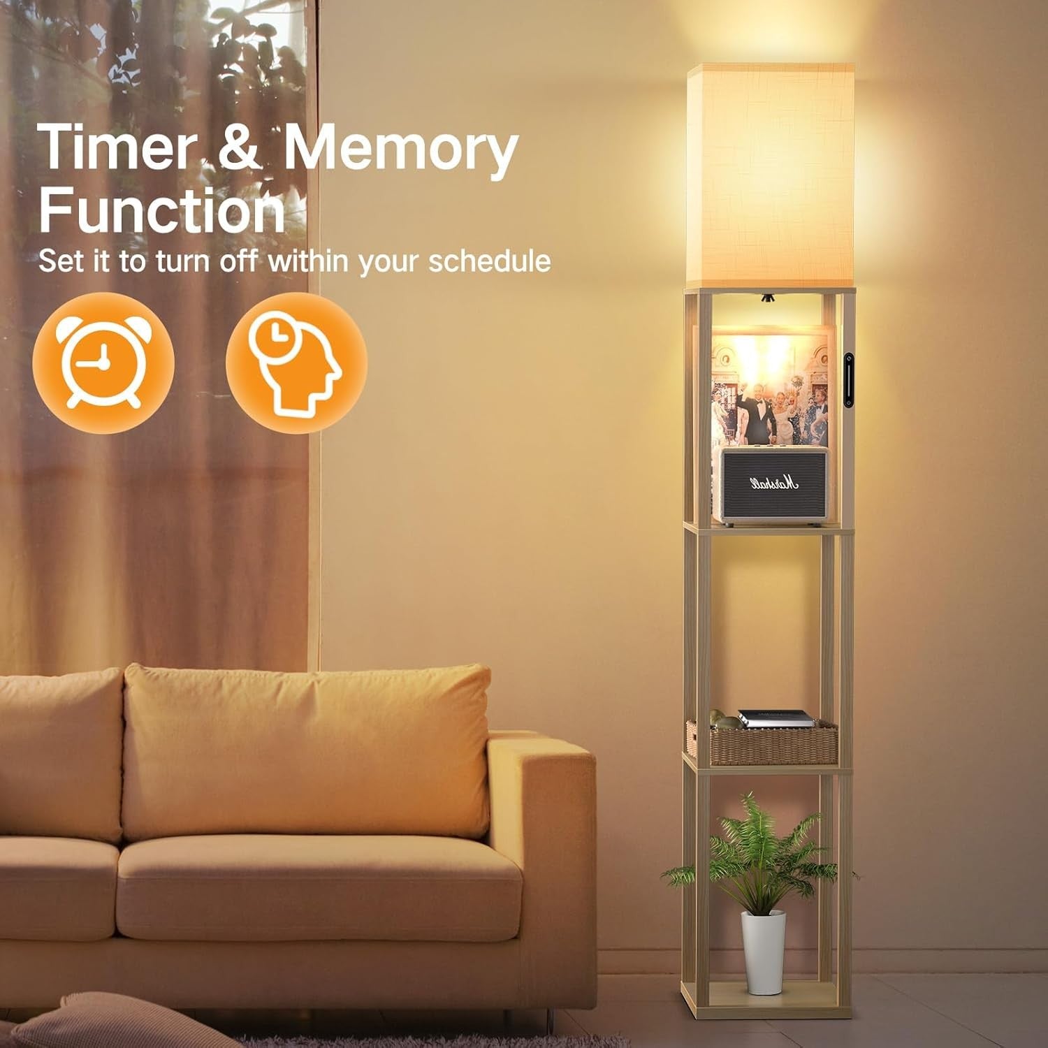 Floor Lamp with Shelves Dimmable Touch Remote LED Standing Light Wood