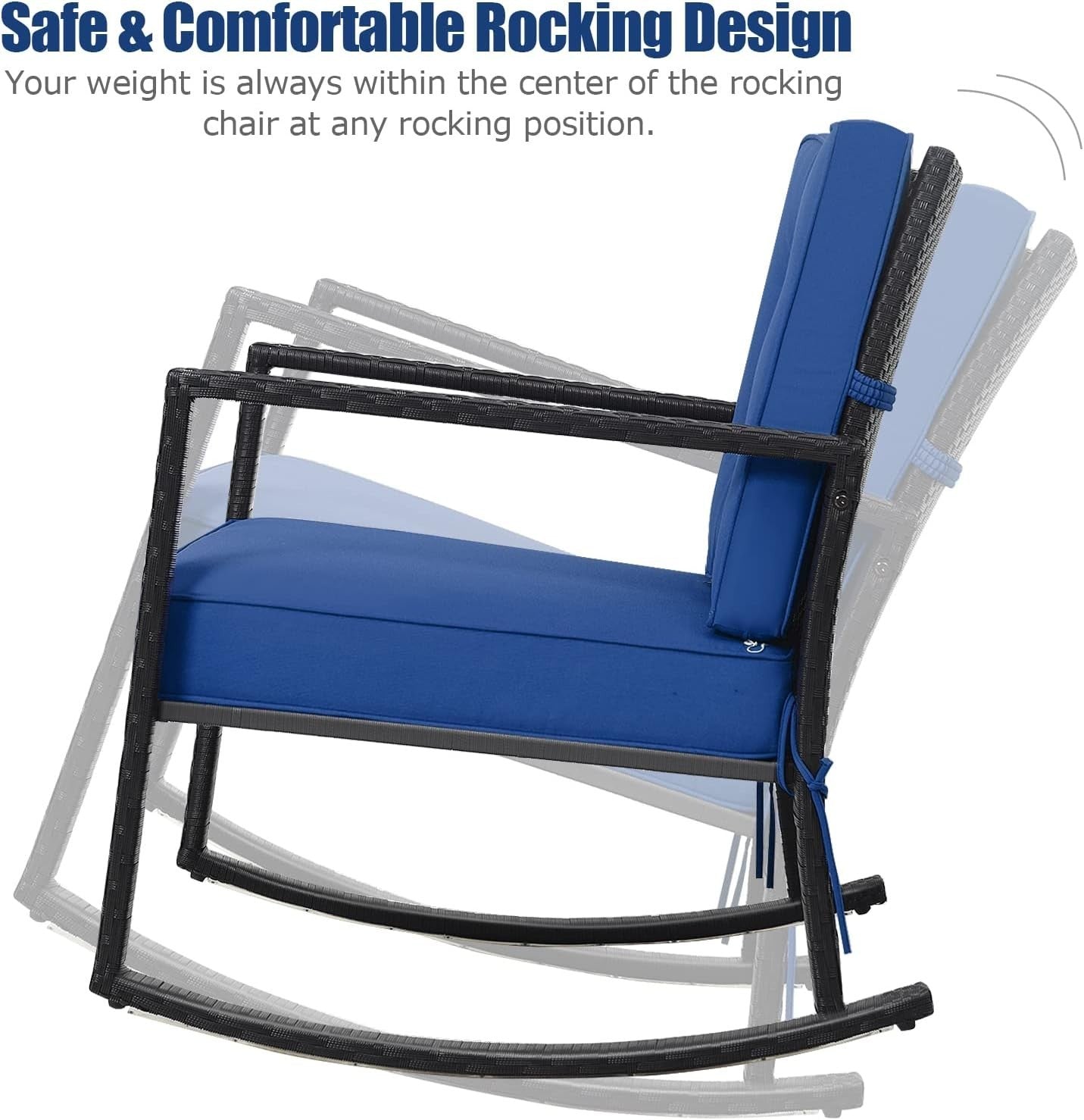 Navy Rattan Outdoor Rocking Chair with Cushions & Armrests Patio Glider