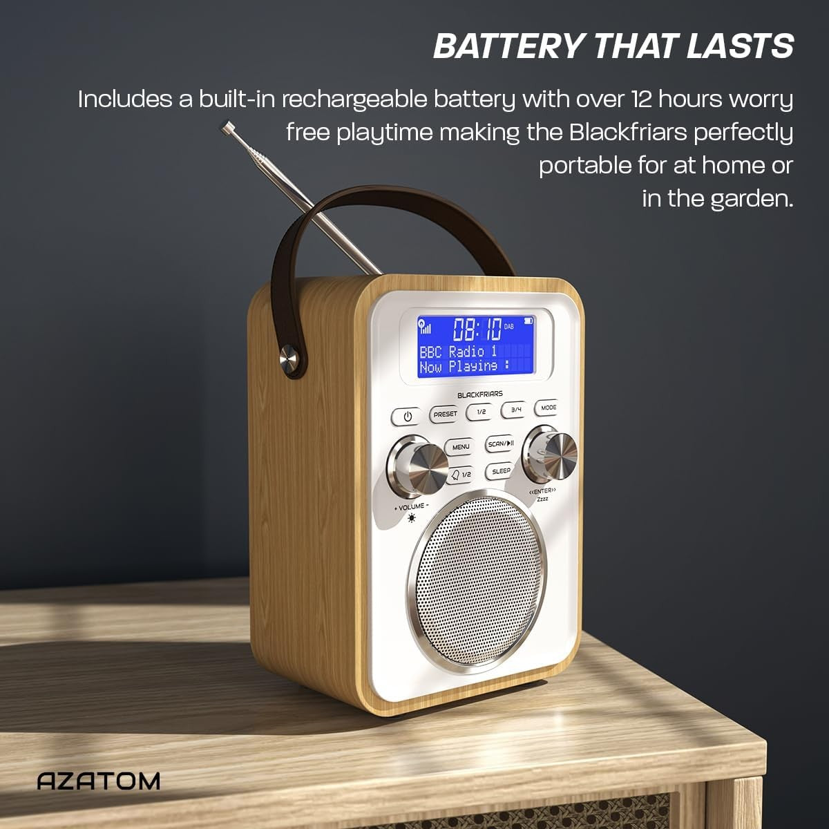 Light Oak Portable DAB DAB+ FM Radio Bluetooth Rechargeable Dual Alarm