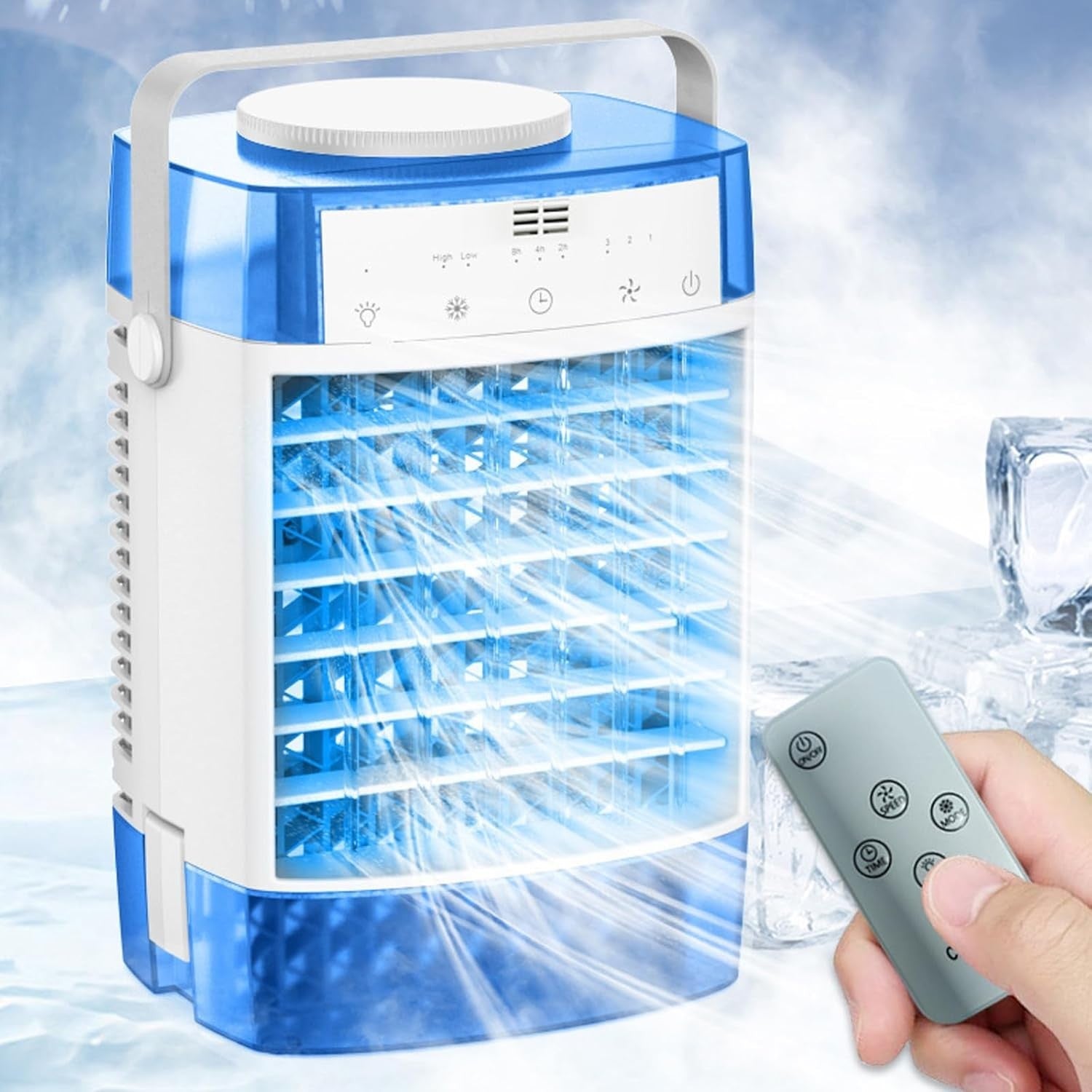 Desktop Air Cooling Fan Portable 3-Speed w Remote 7-Color LED Light Blue Mini AC