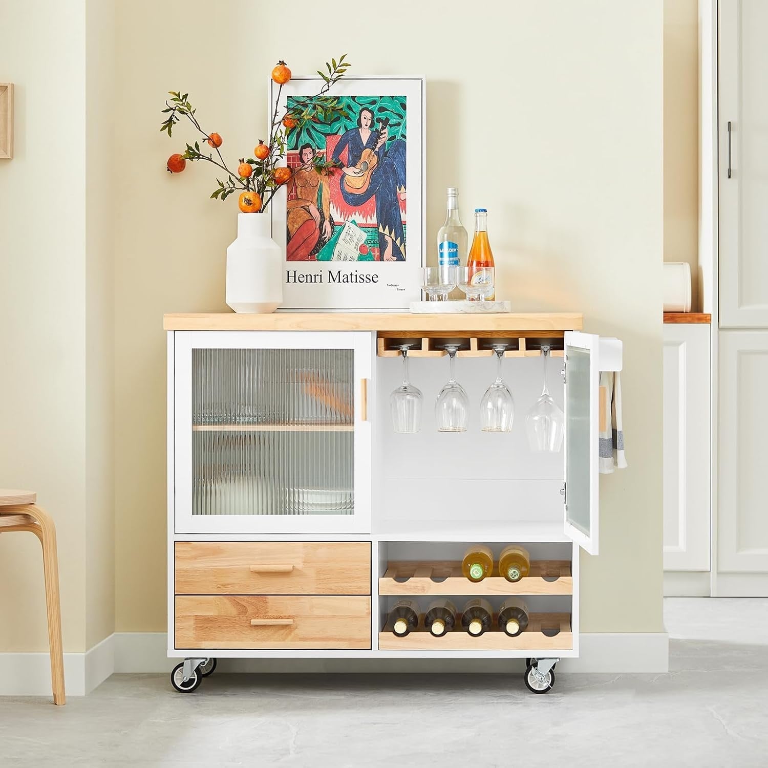 Mobile Kitchen Island Trolley with Glass Doors & Wine Rack White 109x40cm