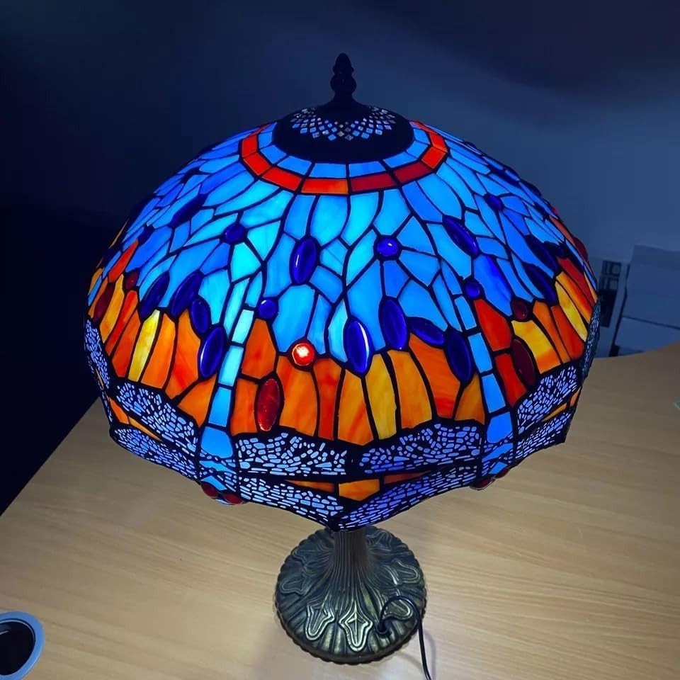 16" Tiffany Style Stained Glass Table Lamp Adjustable Brightness Brass Base