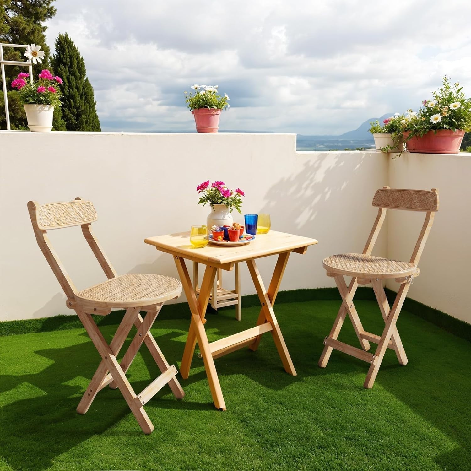 Folding Wooden Rattan Dining Chair Compact Breakfast Stool with Backrest