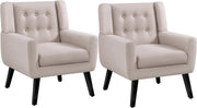 Set of 2 Beige Linen Armchairs, Button Tufted, Mid-Century Modern Chairs