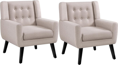 Set of 2 Beige Linen Armchairs, Button Tufted, Mid-Century Modern Chairs