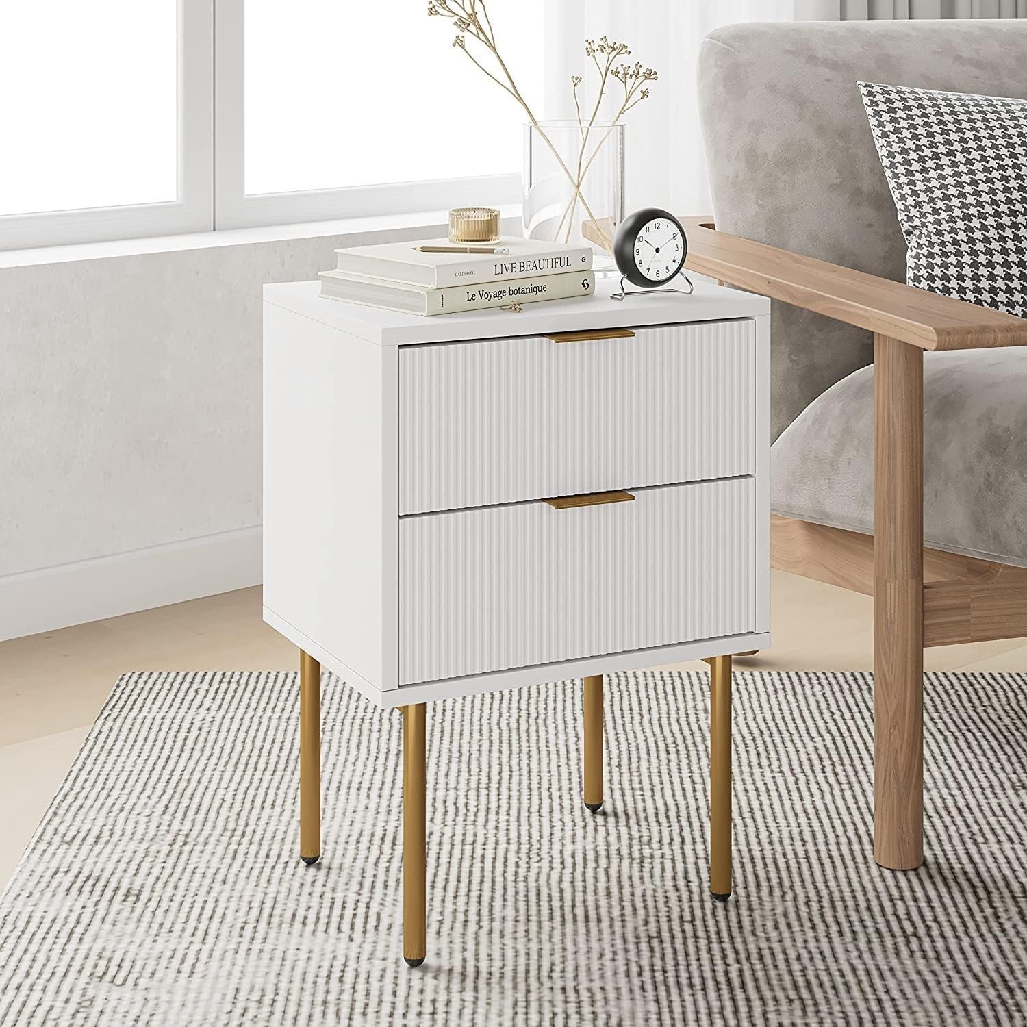 White Bedside Table with 2 Drawers & Gold Legs | Modern Wooden Nightstand