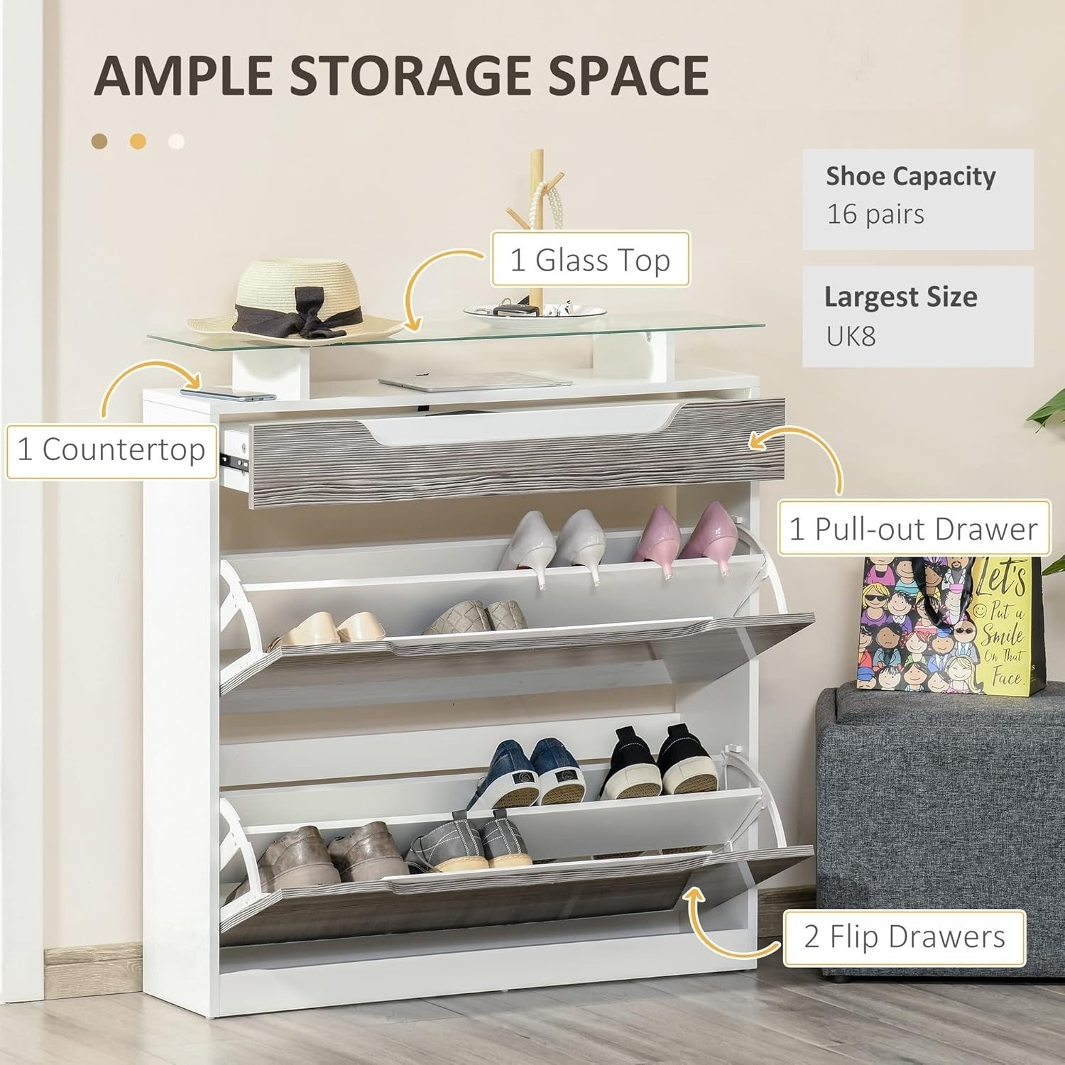 Grey Shoe Cabinet w/Flip Doors, Drawer & Glass Top – Holds 16 Pairs