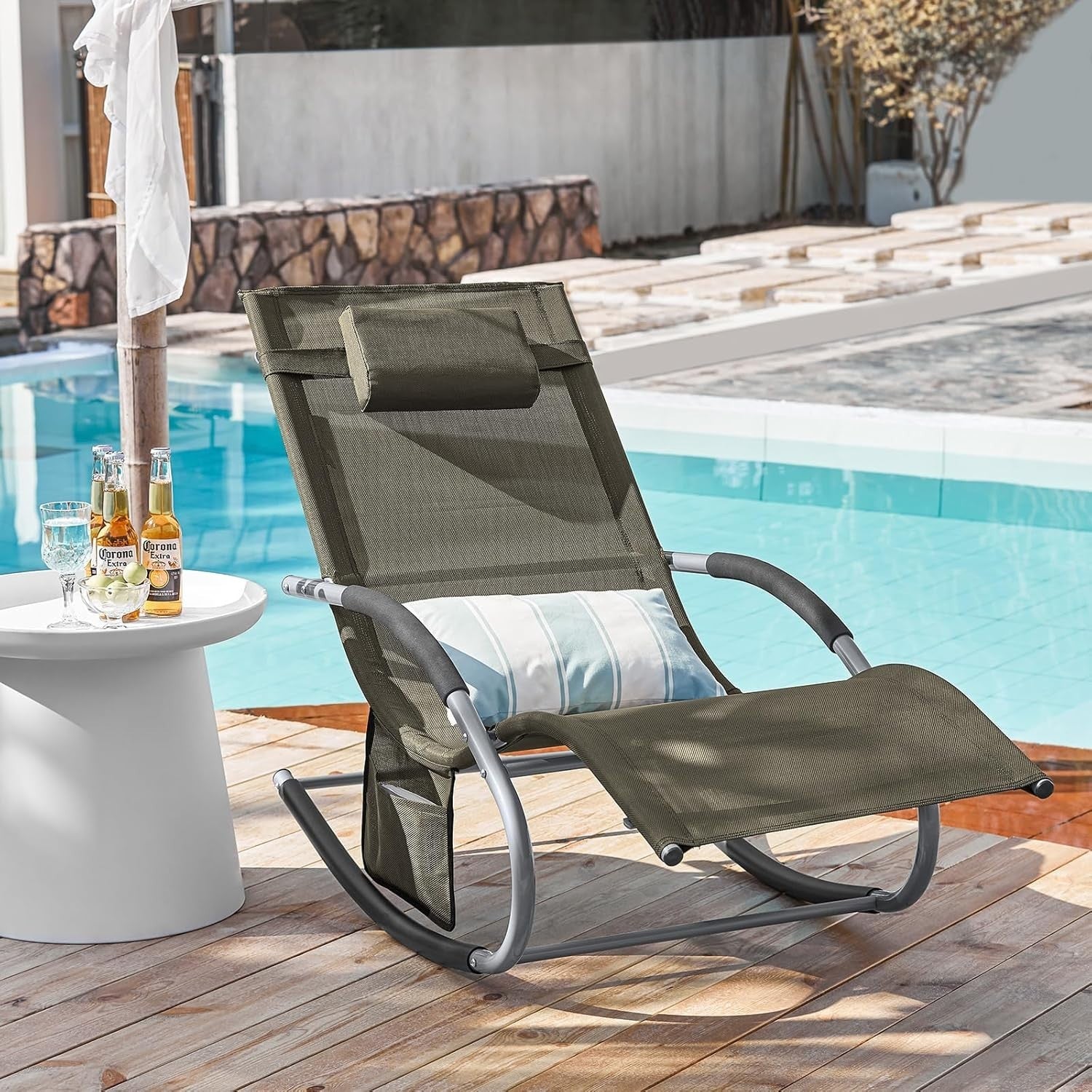 Outdoor Garden Recliner Chair with Cushioned Pillow, Side Pocket & Rocking