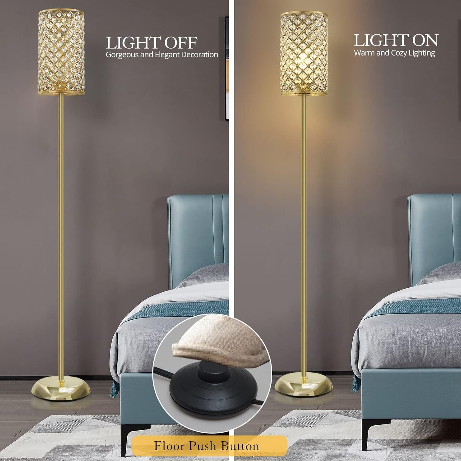 Gold Crystal Floor Lamp Modern Standing Light Foot Switch Tall Slim Design