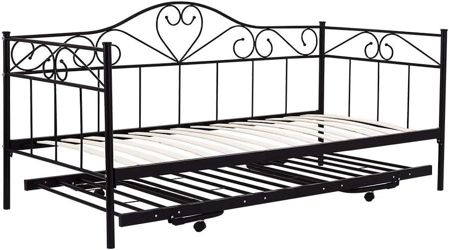 Metal Day Bed Frame with Storage Black Sofa Bed 3FT Single 90x190cm