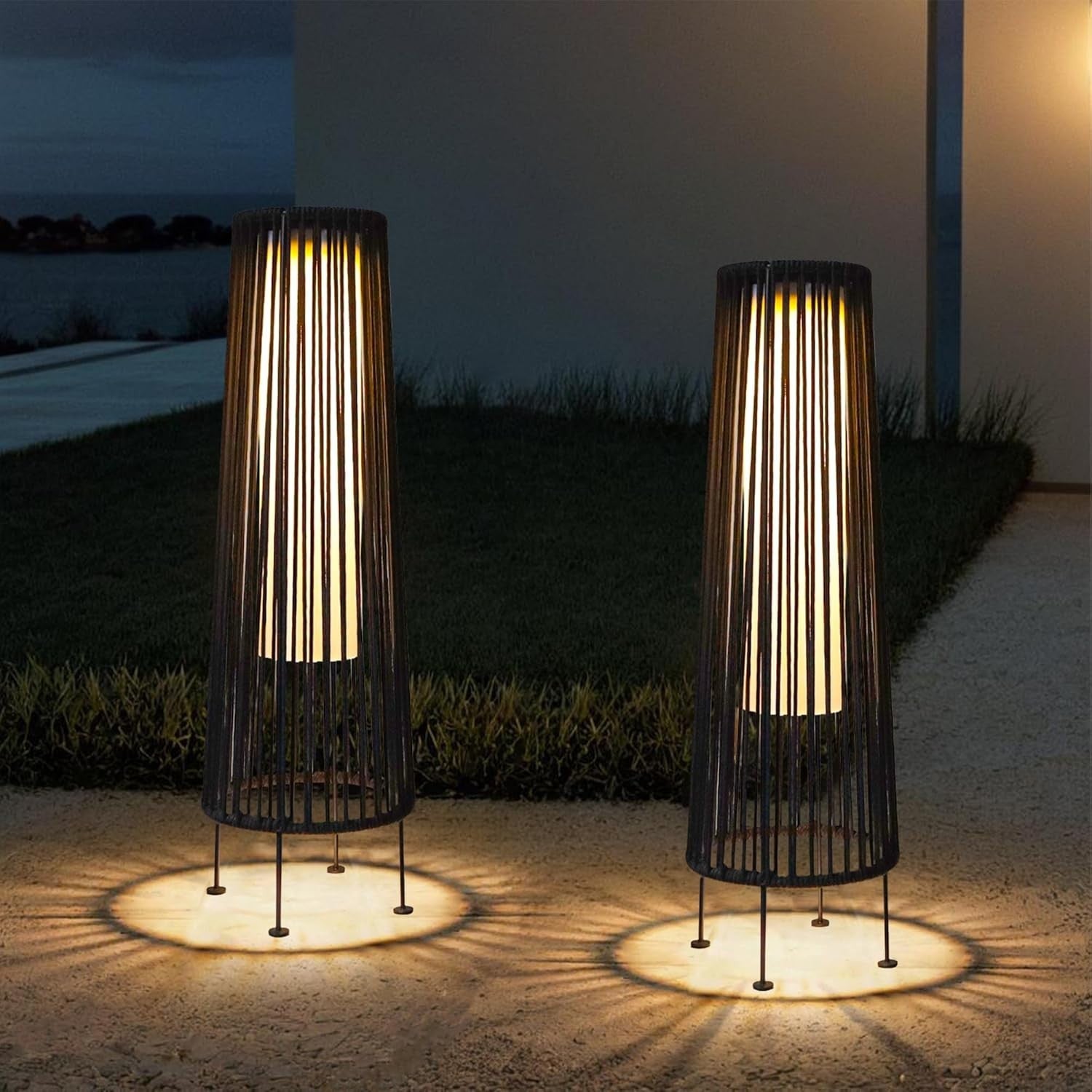 2 Pack Solar Wicker Floor Lamps Outdoor Rattan Lanterns 68 cm Black