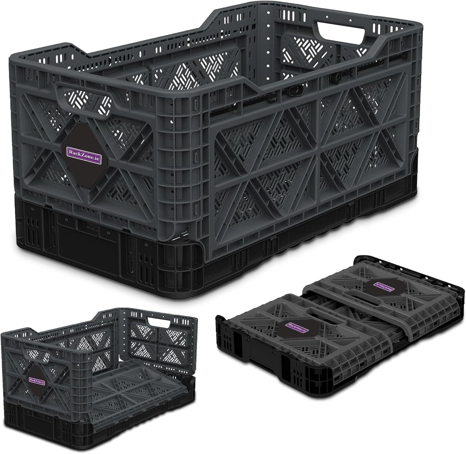 Heavy Duty Collapsible Storage Crate 60x40x30cm 59L Grey