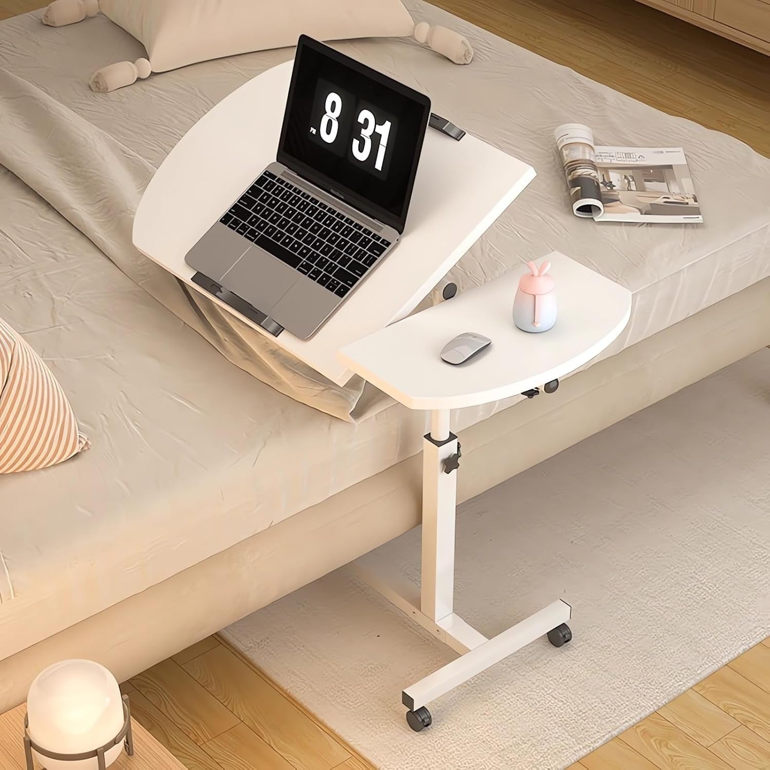 White Adjustable Side Table with Wheels C Shape Sofa Laptop Desk 360° Rotate