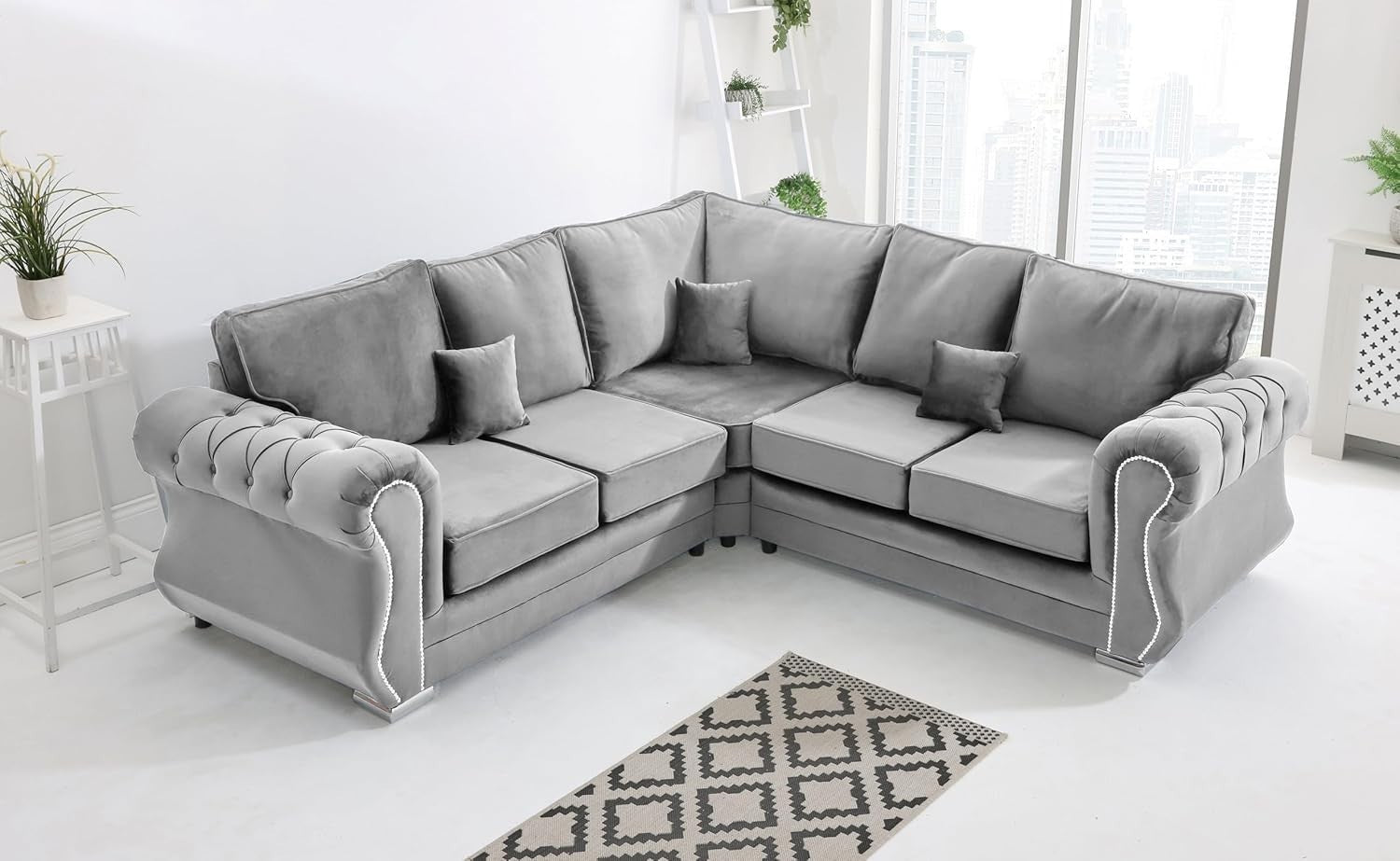 Silver Velvet Corner Sofa 5 Seater Plush Fabric, Foam Cushions, Chrome Legs
