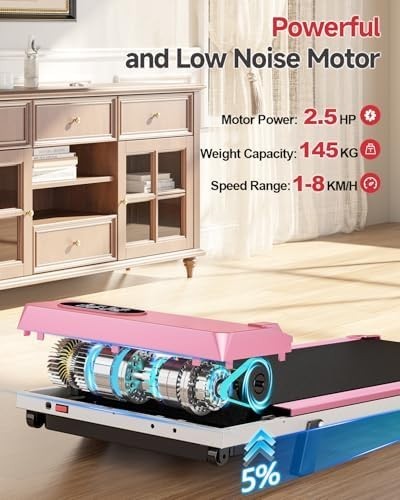 Compact Pink Walking Pad Treadmill 2.5HP Under Desk Quiet LED Remote 5% Incline