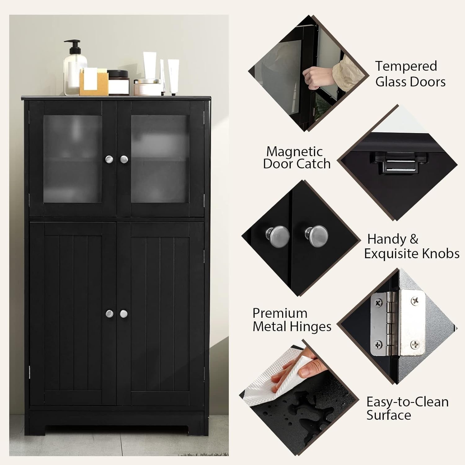 Bathroom Floor Cabinet Freestanding with Tempered Glass & Adjustable Shelves