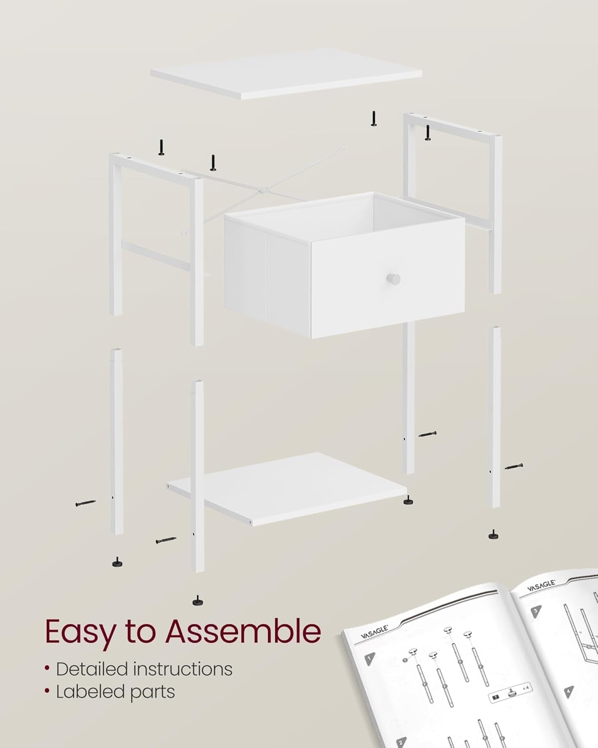 Tall White Bedside Table with Drawer & Shelf, Modern Slim 24-Inch Nightstand