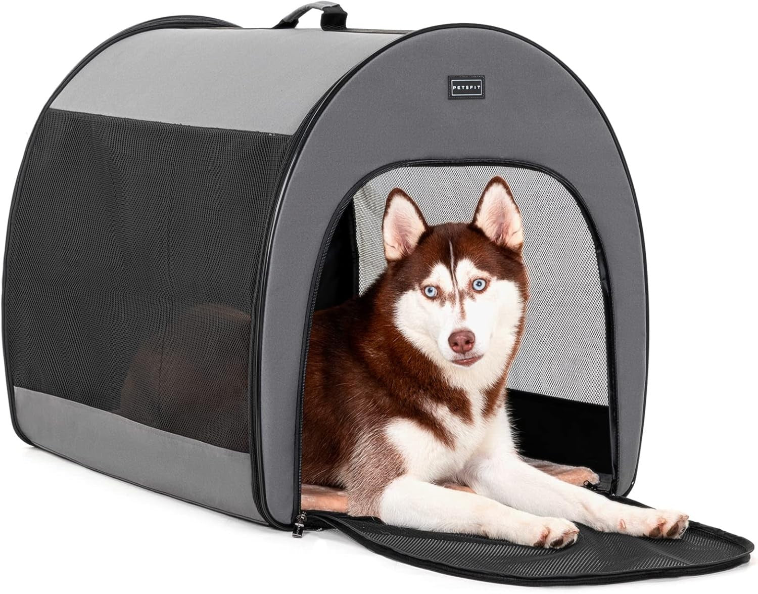 Soft Dog Crate Large 57x57x77cm Portable Travel Carrier Cat Kennel with Mat Grey