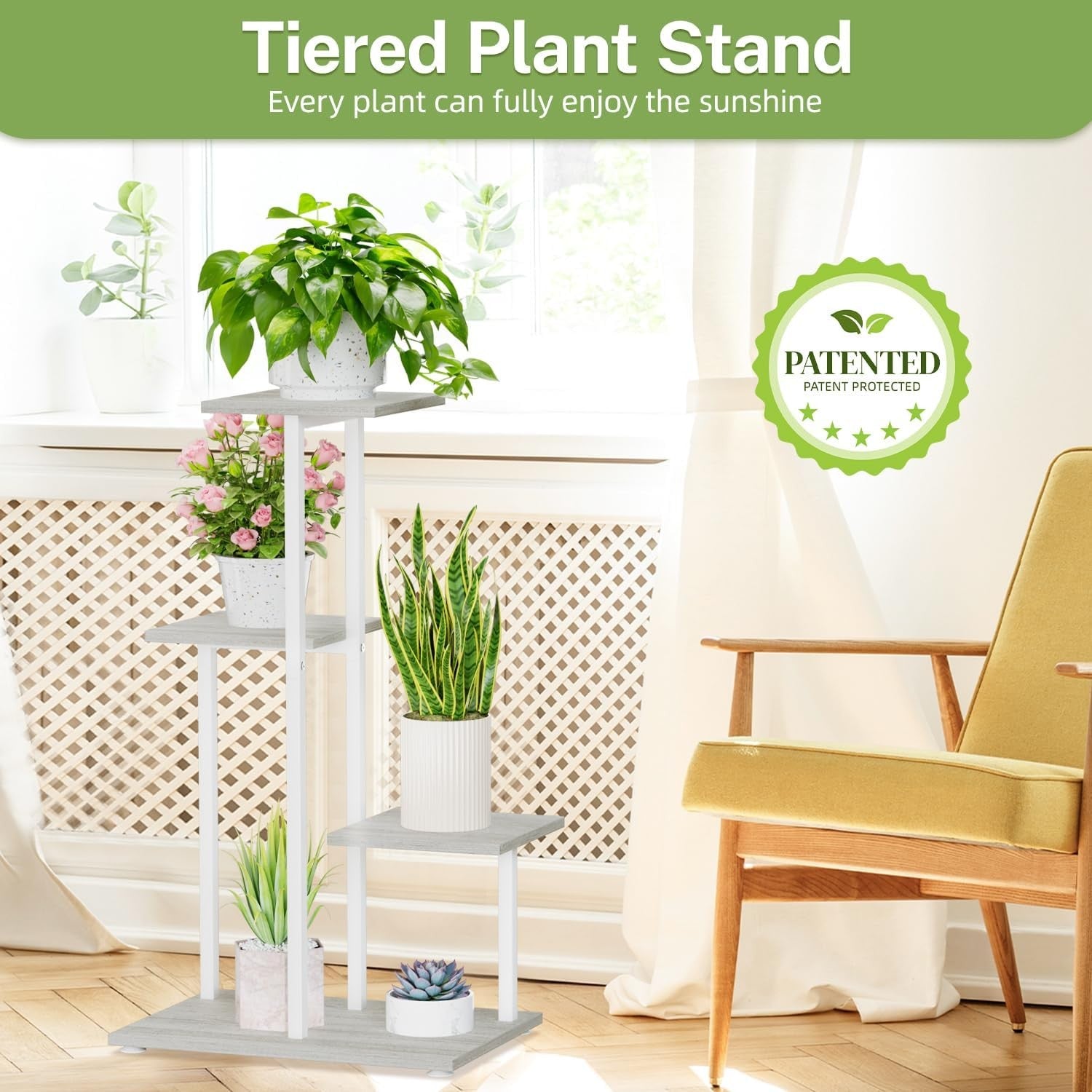 4 Tier White Metal & Wood Plant Stand | Modern Indoor Corner Shelf Display Rack