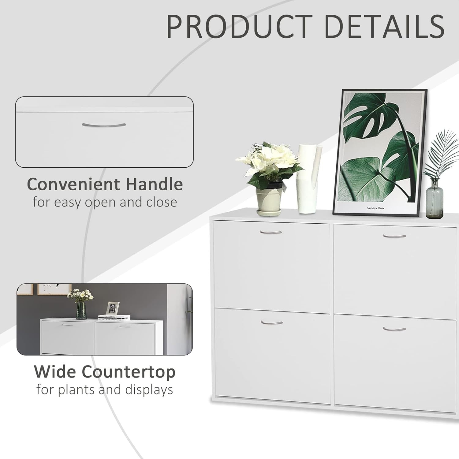 4 Drawer Shoe Cabinet Storage Unit – Modern Slim Cupboard with Flip Doors – Whit
