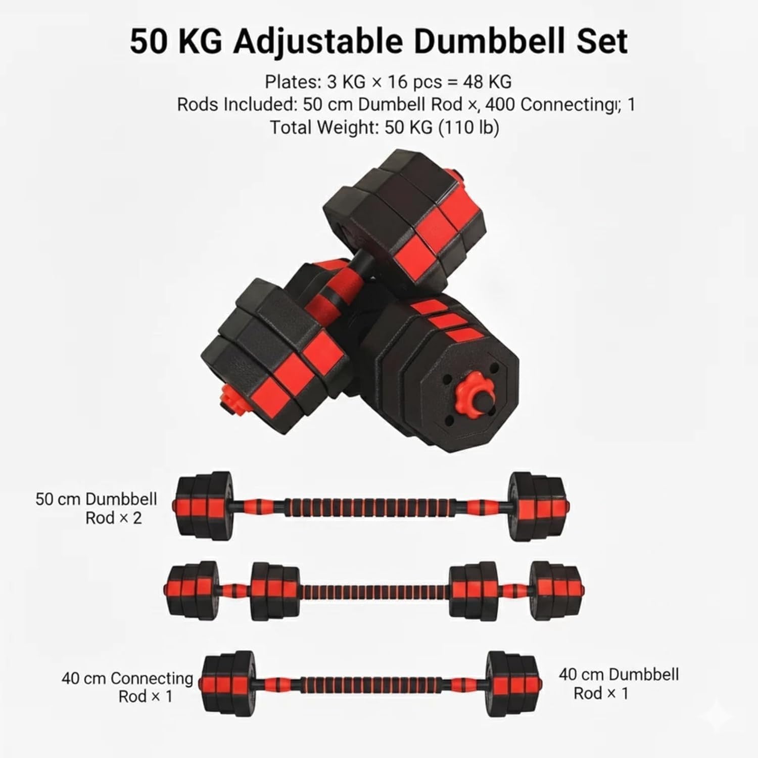 50kg Adjustable Dumbbell Barbell Set Anti Roll Octagonal Home Gym Weights