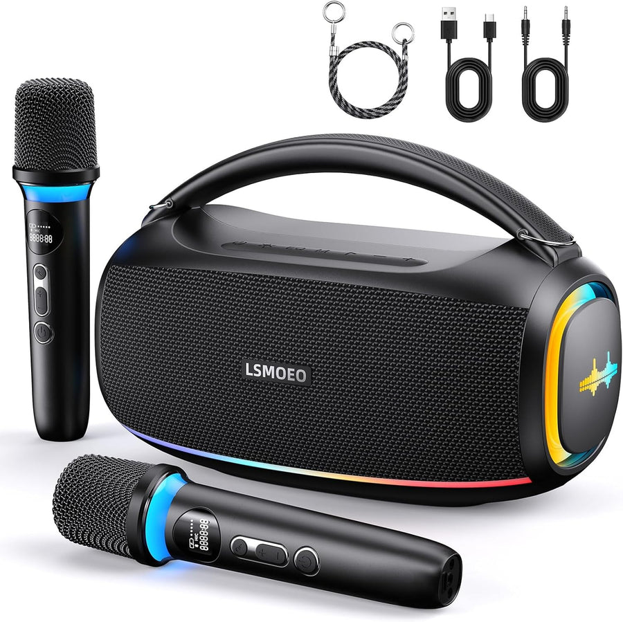 60W Karaoke Machine 2 Wireless Mics IPX5 Waterproof LED